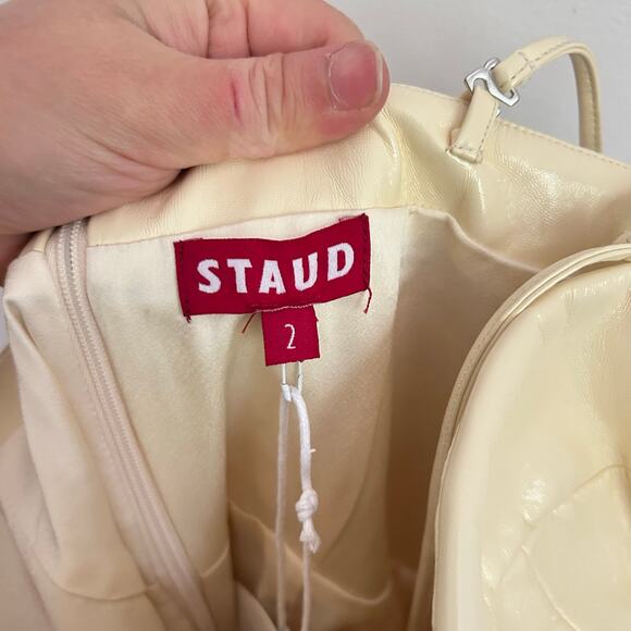 NEW Staud Faux Leather Abstract Fit Flare Midi Dress Cream Size 2 - Picture 7 of 8